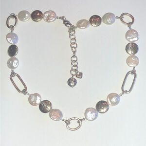 Brighton Pebble And Pearl Silver Tone Boho Chain Link Necklace